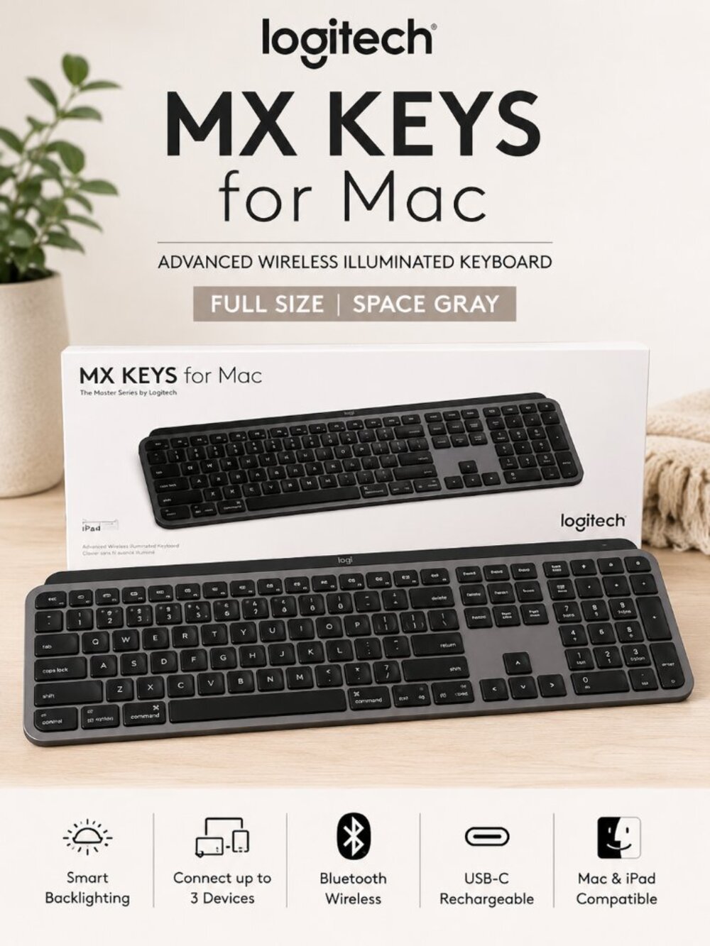 Logitech MX Keys for Mac wireless bluetooth keyboard full size - Like New!